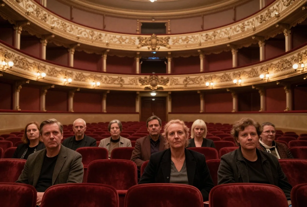 Leerer Saal eines Theaters aus dem 19. Jahrhundert mit roten Samtsitzen und einer verzierten Loge