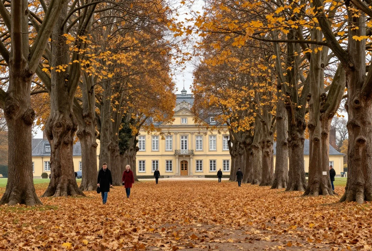 Ein großes Gutshaus am Ende einer Lindenallee in Brandenburg im Herbst, goldenes Laub am Boden
