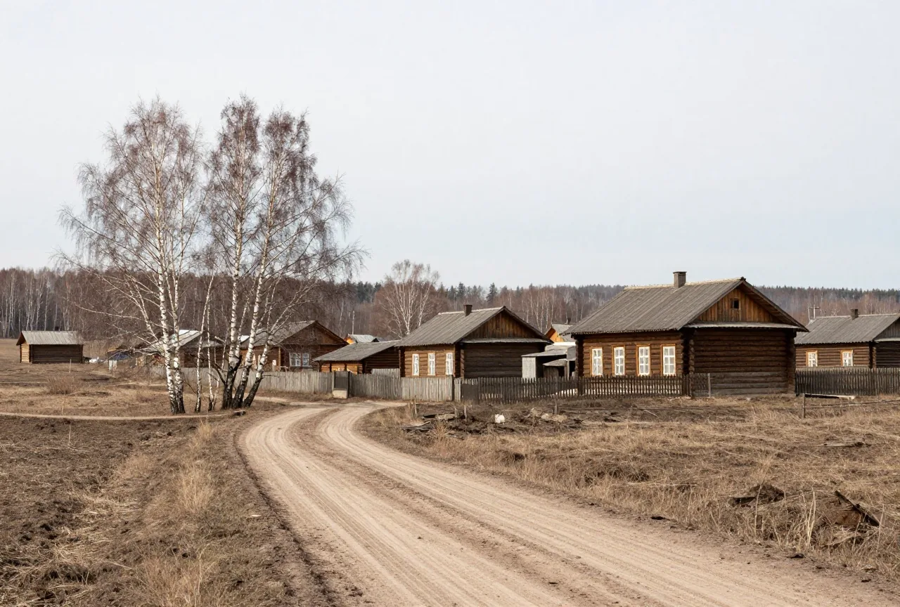 Ein russisches Dorf mit Holzhäusern an einem schlammigen Weg im Frühjahr, Birken und weite Felder