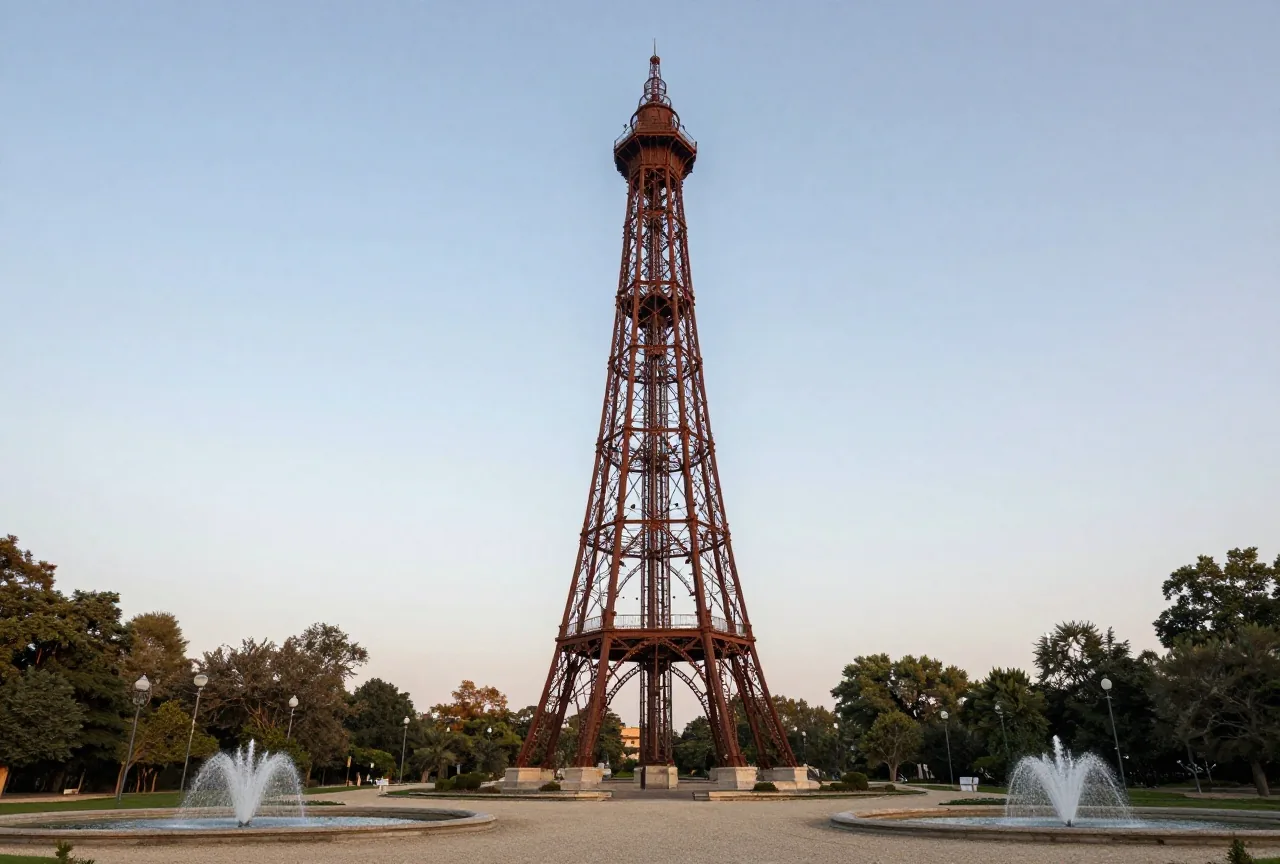 Ein hoher Turm aus genietetem Eisenfachwerk über einem Park mit Kieswegen und Springbrunnen im Abendlicht