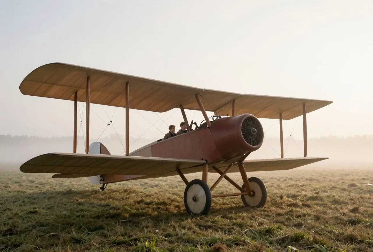 Ein frühes Doppeldecker-Flugzeug aus Holz und Stoff steht bei Sonnenaufgang auf einer Wiese im Morgennebel
