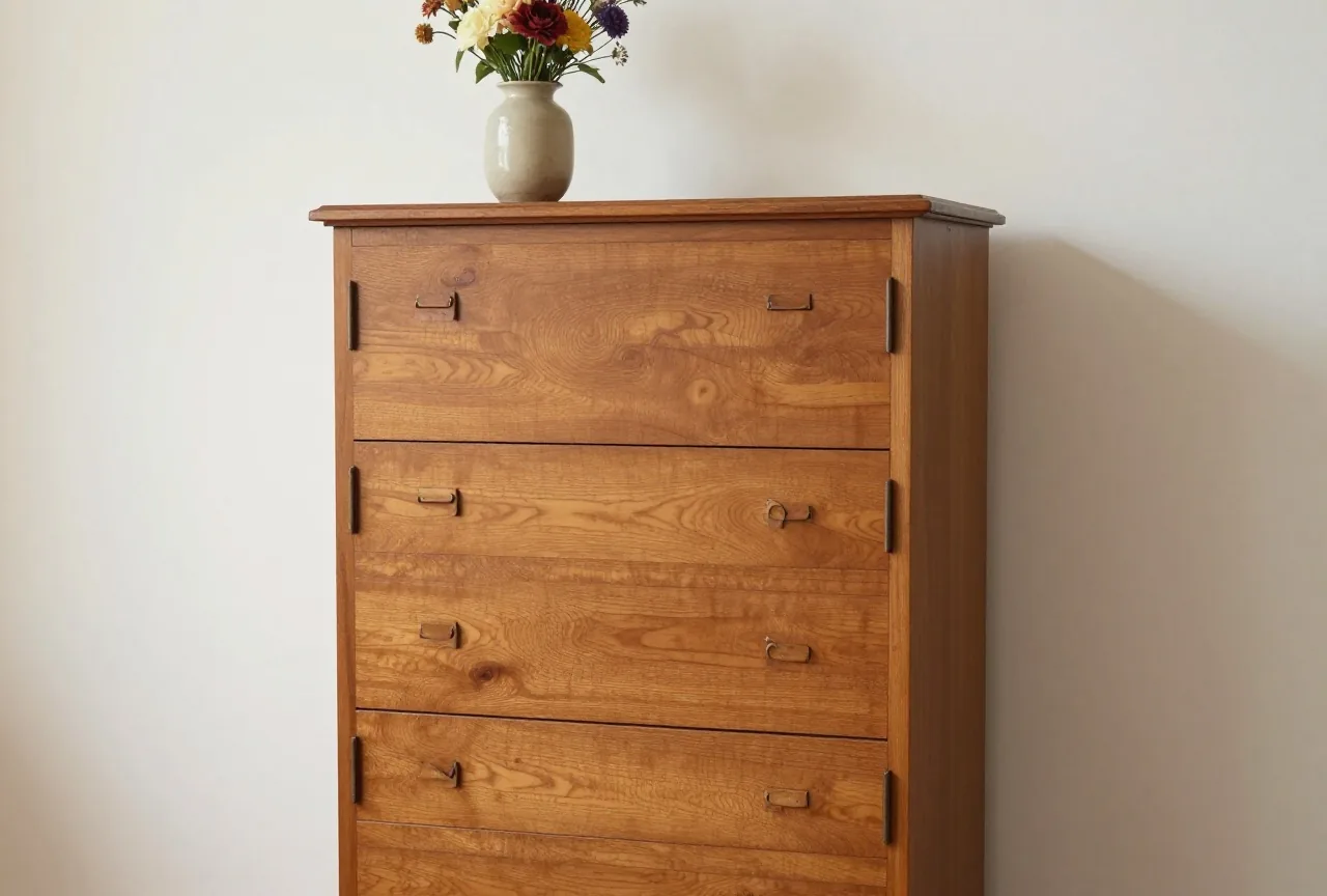 Ein schlichter Sekretär aus hellem Holz mit fein gemasertem Furnier vor einer hellen Wand, darauf ein Blumenstrauß