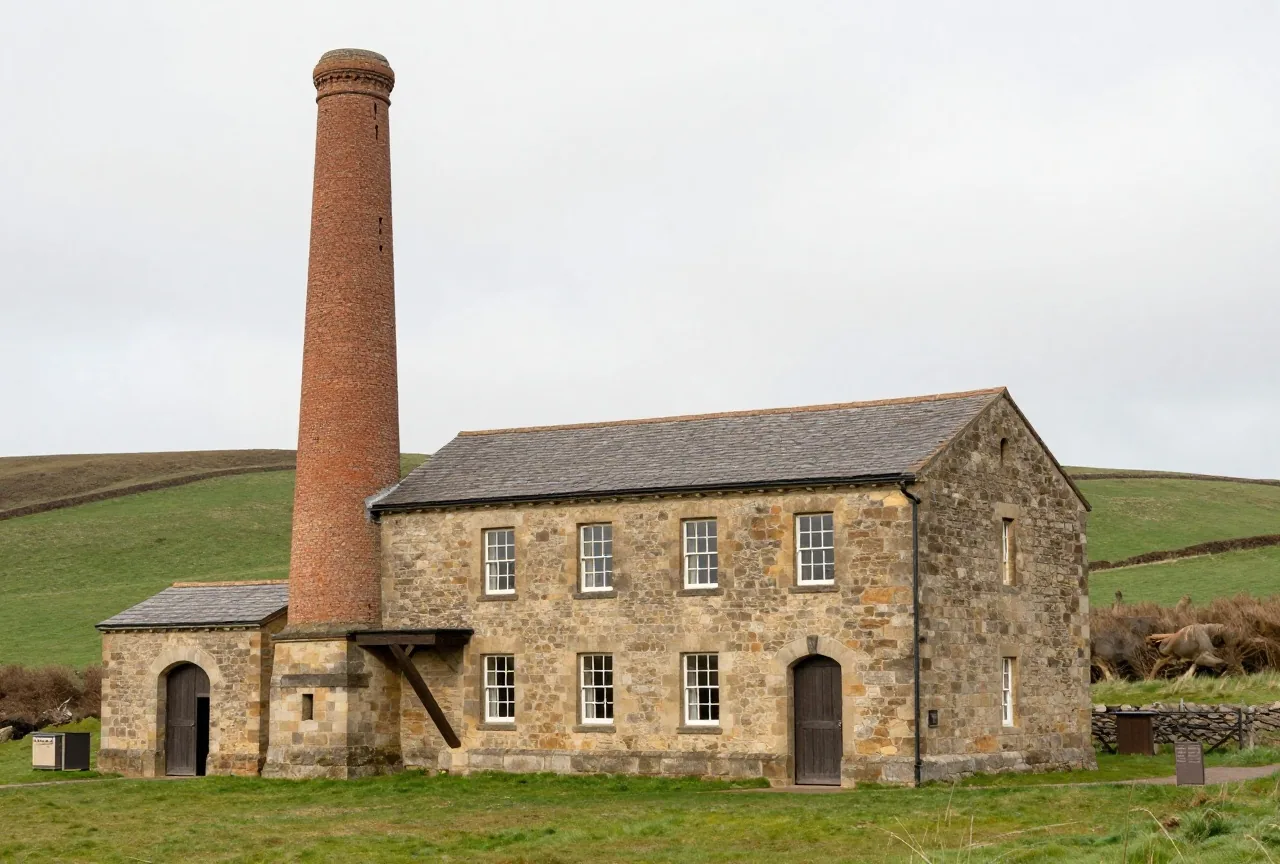 Ein altes Maschinenhaus aus Stein mit hohem Schornstein neben einem Grubenschacht in hügeliger Landschaft