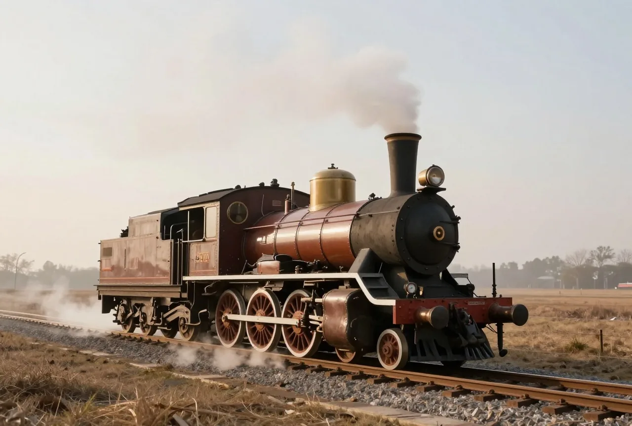 Der Nachbau einer frühen Dampflokomotive mit hohem Schornstein auf einem kurzen Gleisstück im Morgenlicht