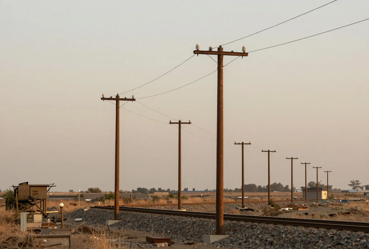 Telegrafenmasten mit weißen Isolatoren entlang einer Bahnstrecke in flacher Landschaft am Abend