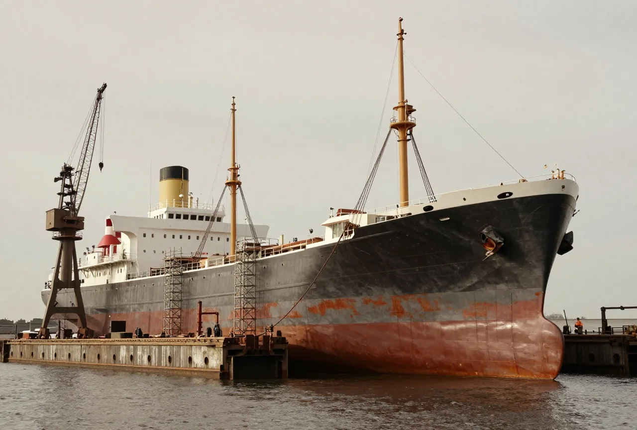 Eine große Werft um 1900 mit einem stählernen Schiffsrumpf auf der Helling, Kränen und Gerüsten