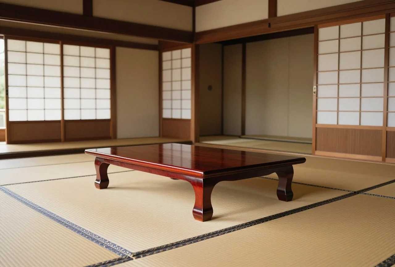 Ein leerer japanischer Empfangsraum mit Tatamimatten, Schiebetüren aus Papier und einem niedrigen Lacktisch