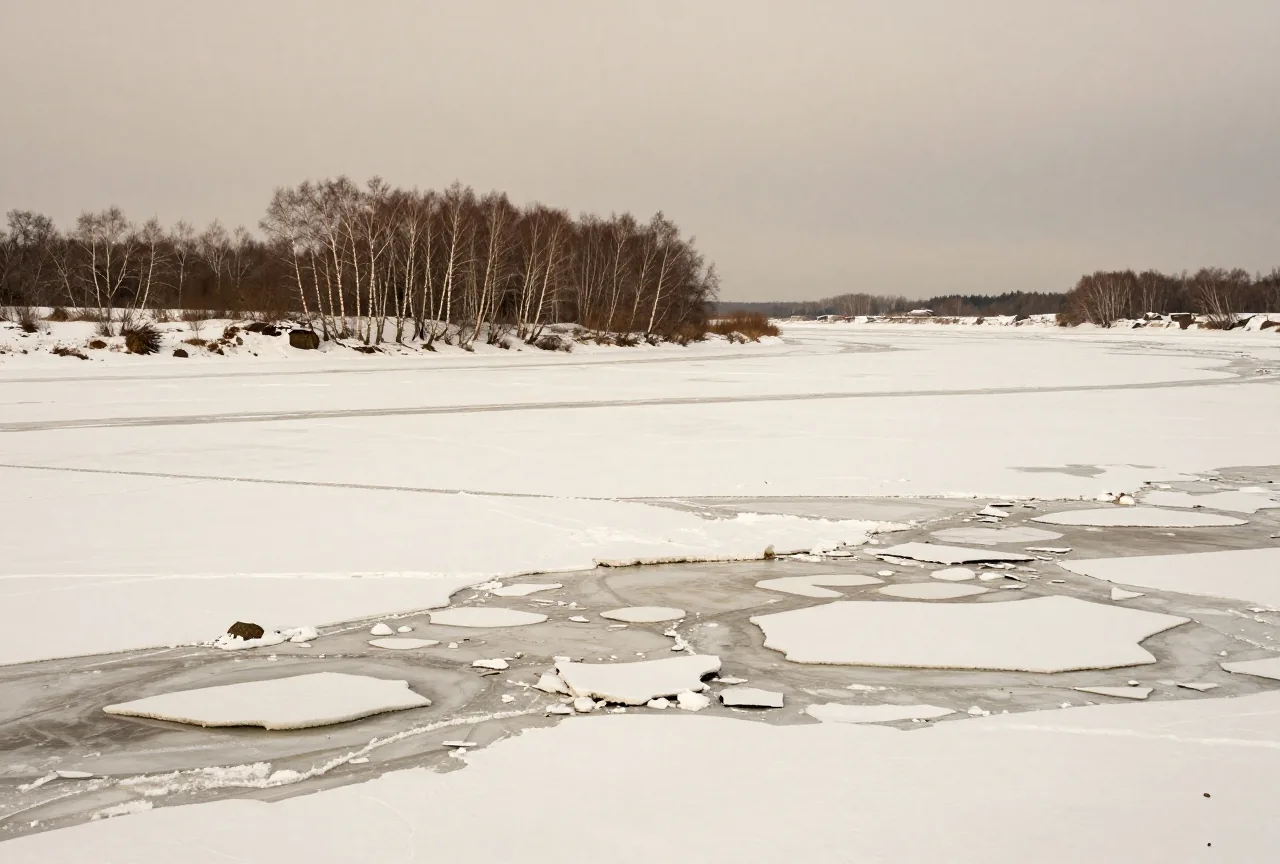 Eine verschneite Ebene unter grauem Winterhimmel, ein zugefrorener Fluss mit Eisschollen, kahle Birken am Rand