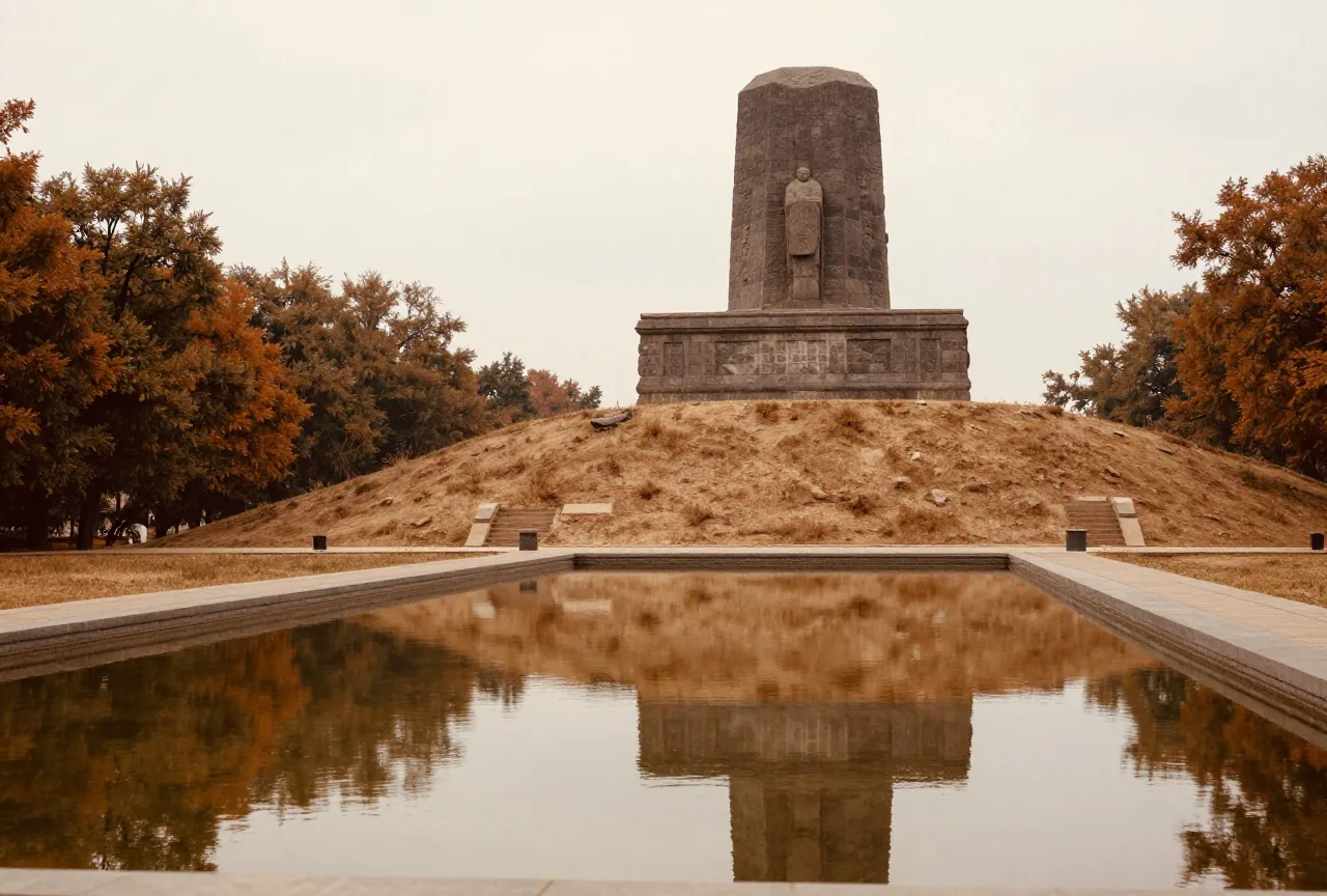 Ein massives dunkles Steindenkmal auf einem Hügel spiegelt sich in einem langen Wasserbecken, Herbstbäume