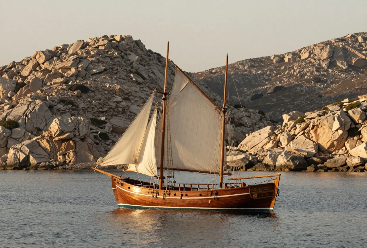 Ein kleines hölzernes Segelschiff ankert in einer ruhigen Mittelmeerbucht vor felsigen Hügeln am Morgen