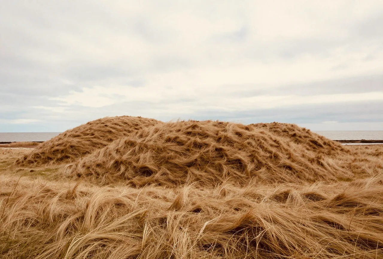 Grasbewachsene Erdwälle auf einem flachen Hügel über einer ruhigen Meeresbucht unter bewölktem Himmel