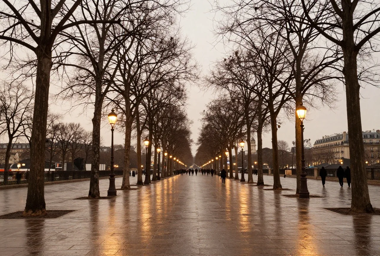 Ein Pariser Boulevard in der Winterdämmerung mit kahlen Platanen, leuchtenden Gaslaternen und nassem Pflaster