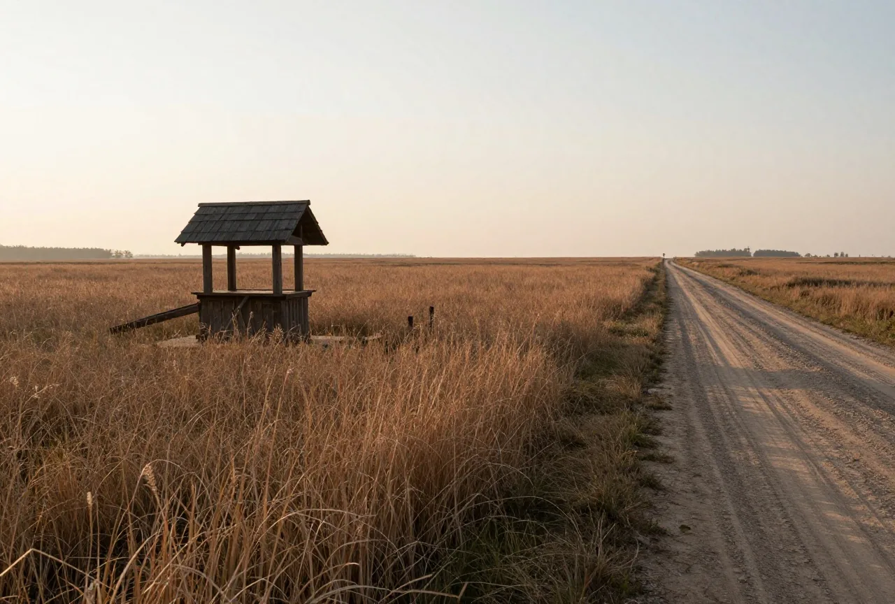 Die weite ungarische Tiefebene bei Sonnenaufgang mit hohem Gras, einem Ziehbrunnen aus Holz und einem Feldweg