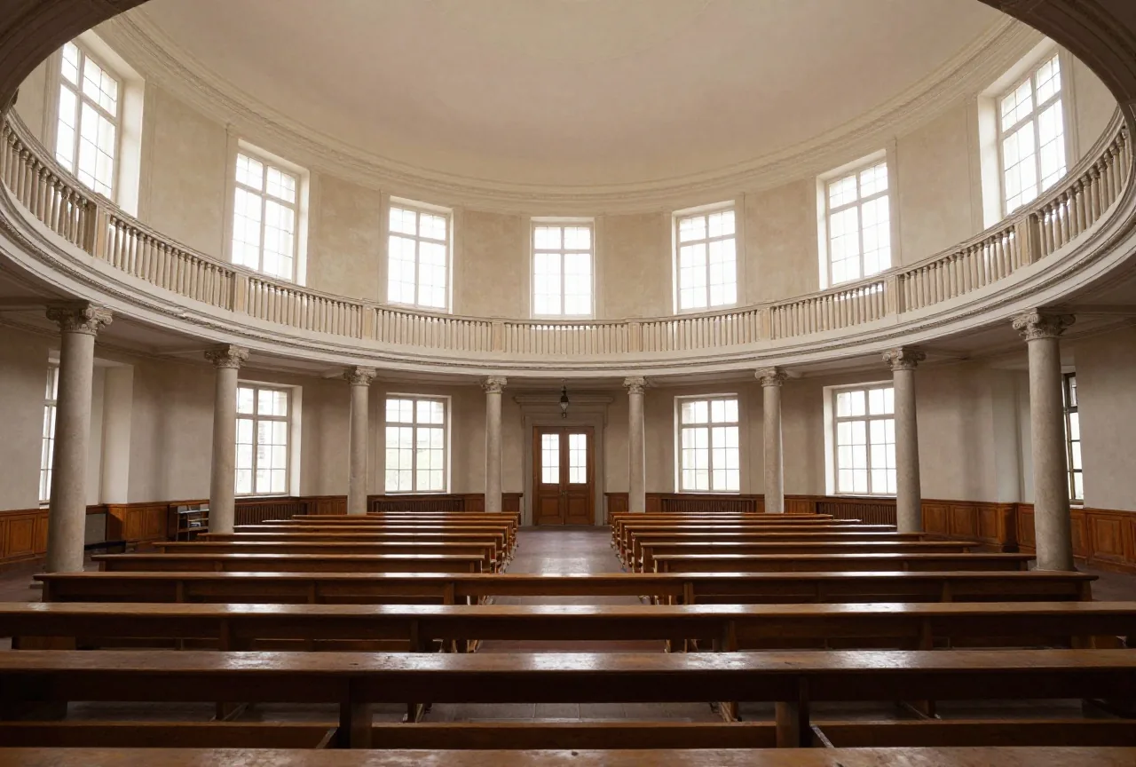 Ein großer ovaler Saal mit Galerie auf schlanken Säulen und Reihen schlichter Holzbänke im Tageslicht