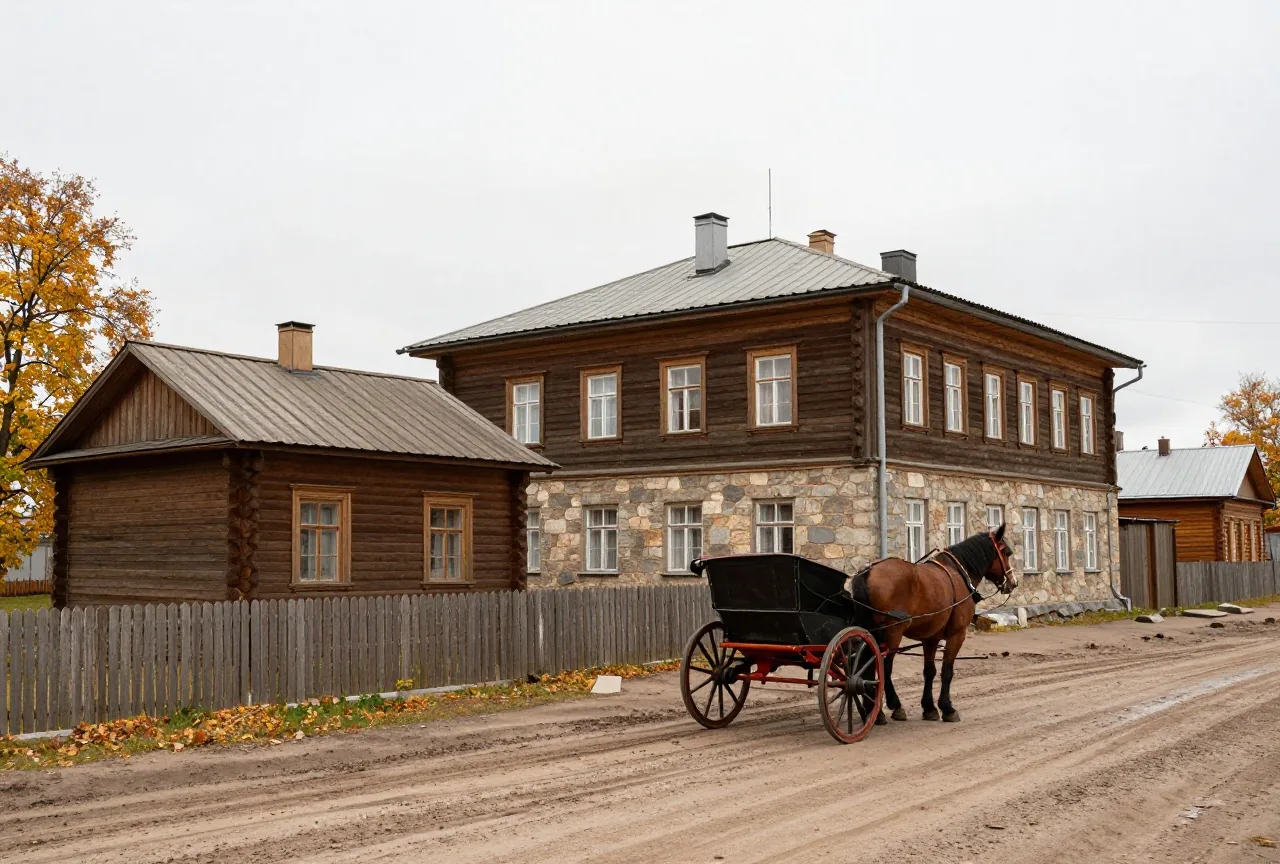 Eine russische Kleinstadtstraße im Herbst mit Holzhäusern, einem schlichten Amtsgebäude und einem Pferdewagen
