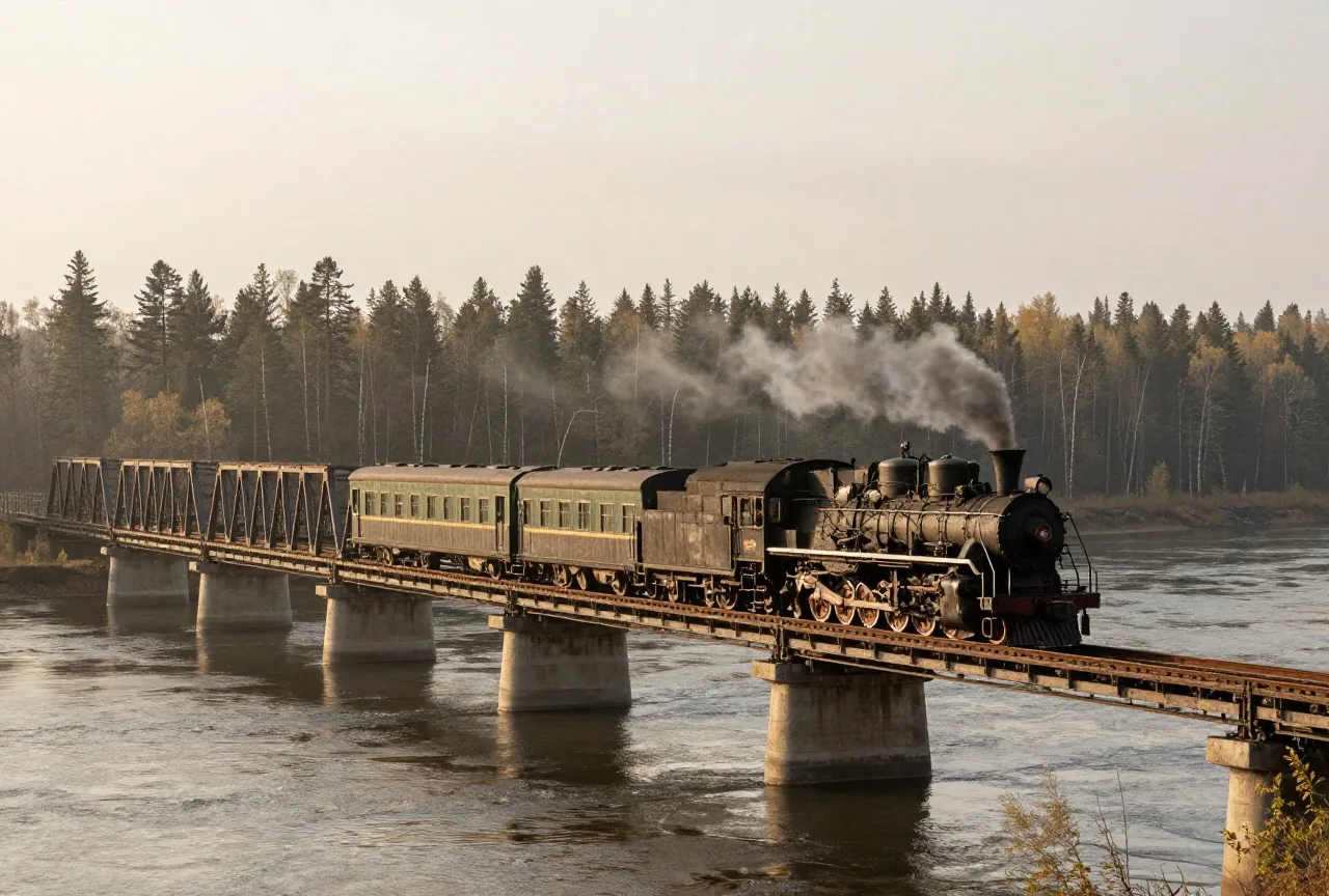 Eine Dampflok zieht einen Zug über eine lange eiserne Brücke über einem breiten Fluss in der sibirischen Taiga