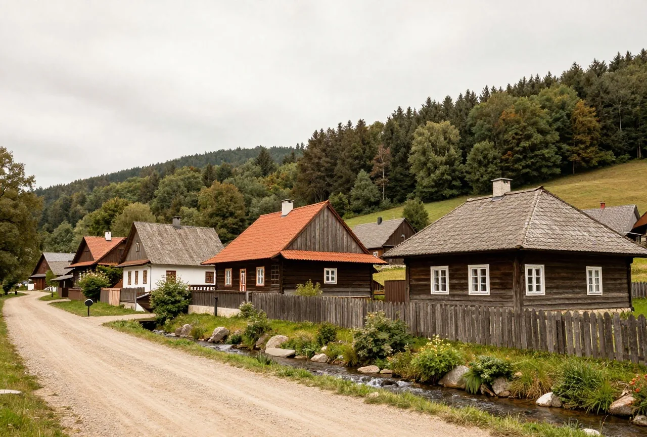 Ein schlesisches Dorf mit Holzhäusern am Fuß bewaldeter Hügel im Frühsommer, ein Bach und ein Feldweg