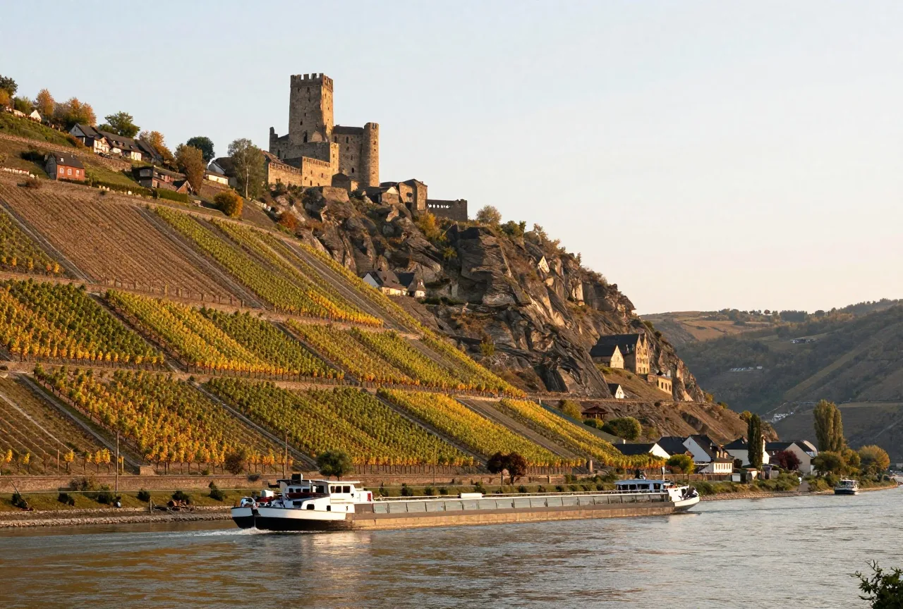 Das Rheintal am Morgen mit steilen Weinbergen, einem Lastkahn auf dem Fluss und einer Burgruine