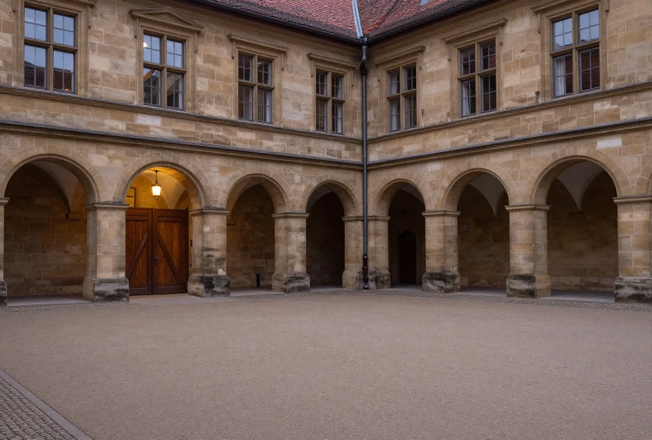 Ein alter Universitätshof aus Sandstein mit Arkaden in der Dämmerung, ein geschlossenes Holztor und eine Laterne