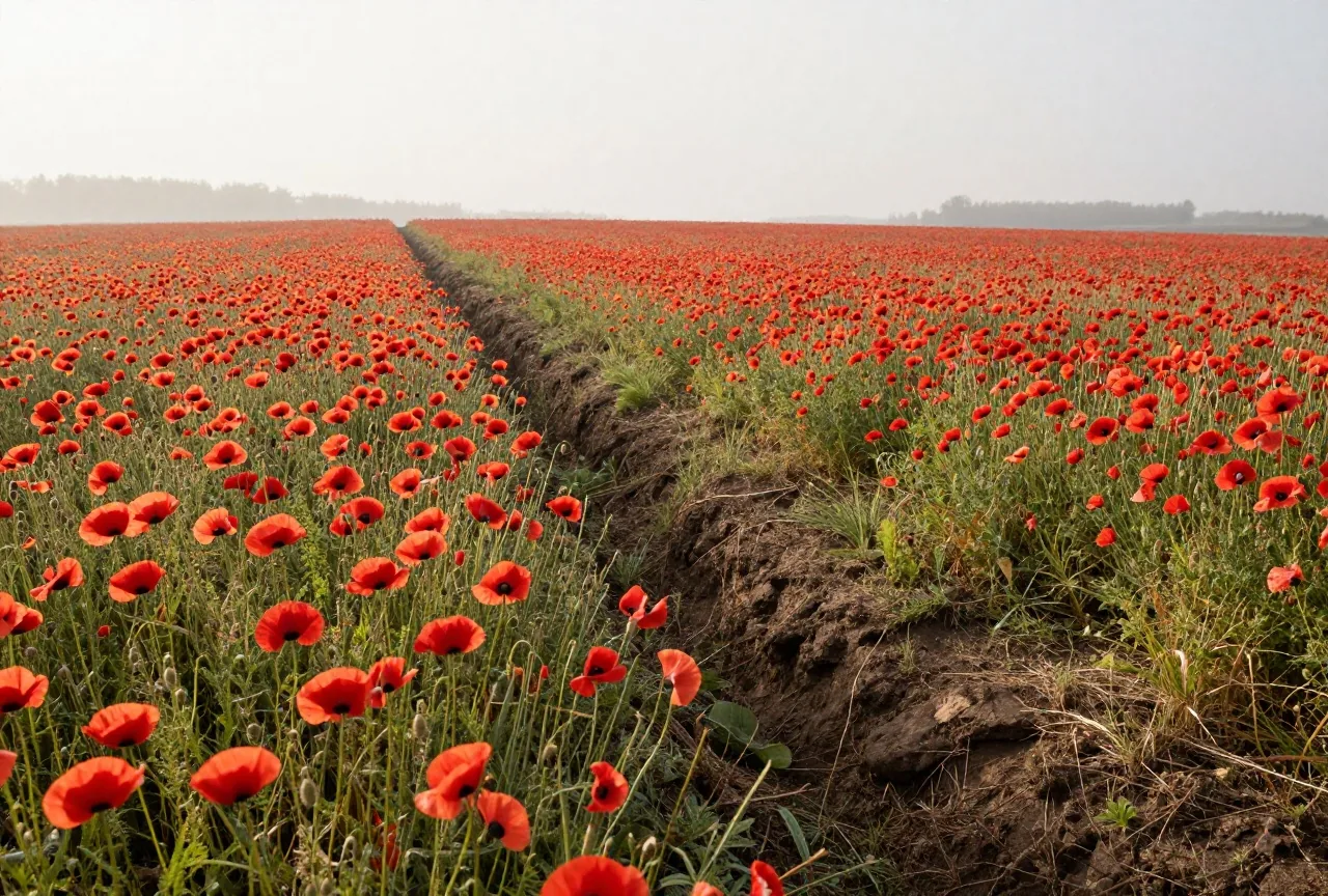 Ein weites Feld mit rotem Mohn im Morgennebel, quer hindurch verläuft die flache Mulde eines alten Schützengrabens