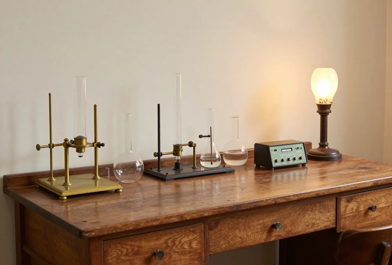 Ein Labortisch aus den 1930er-Jahren mit Messgeräten aus Messing und Glas im warmen Lampenlicht
