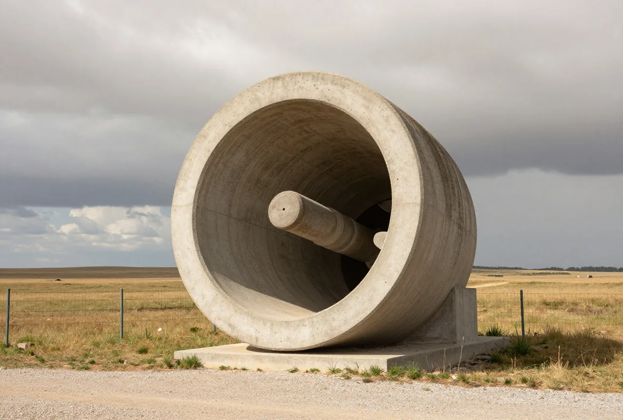 Eine geschlossene Betonluke eines Raketensilos in einer flachen Graslandschaft unter grauem Himmel