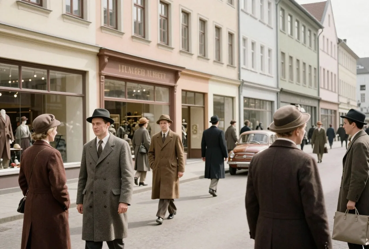 Eine belebte Einkaufsstraße der späten 1950er-Jahre mit Passanten in Mänteln und Hüten