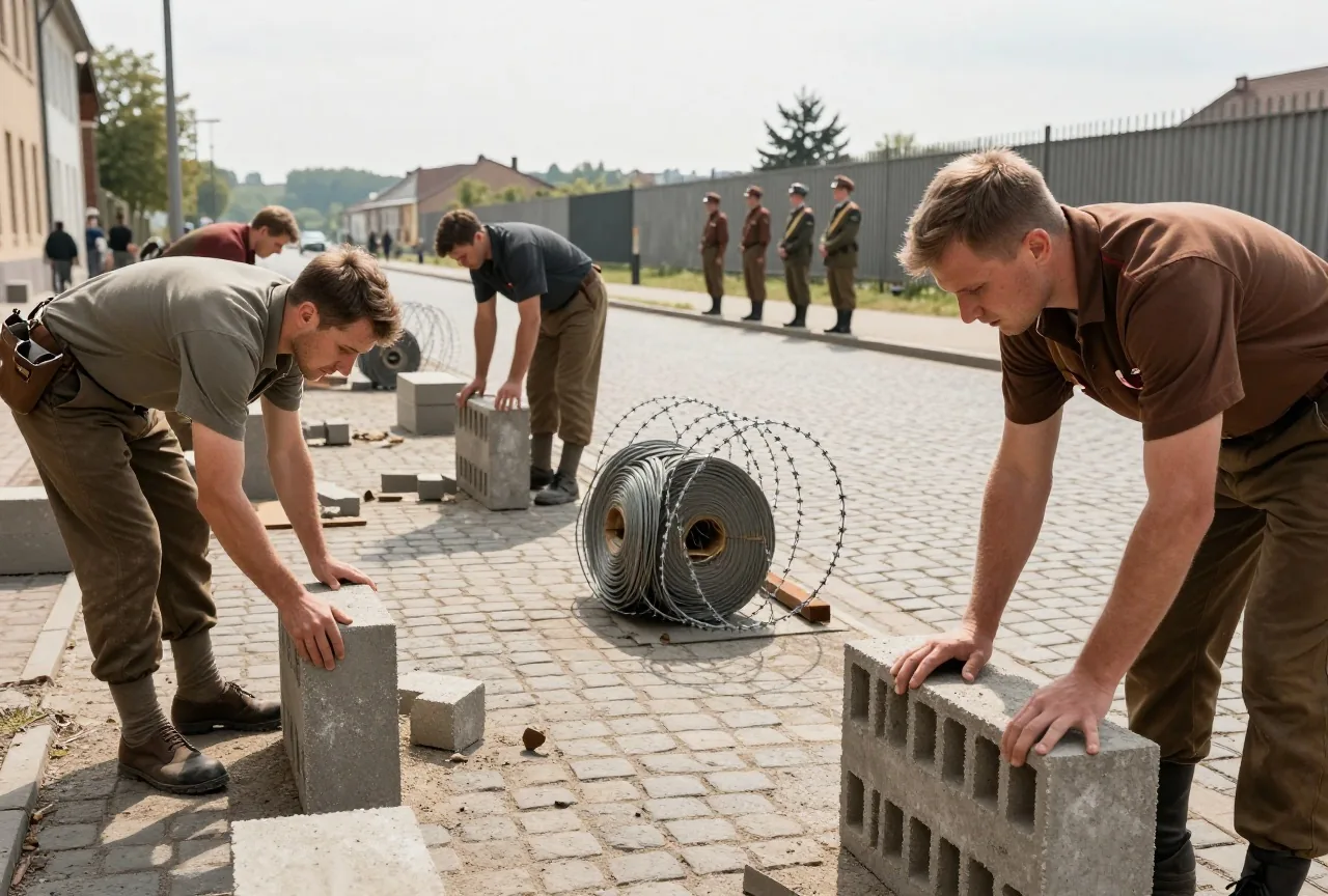 Arbeiter setzen Betonsteine quer über eine Pflasterstraße, daneben liegen Rollen Stacheldraht