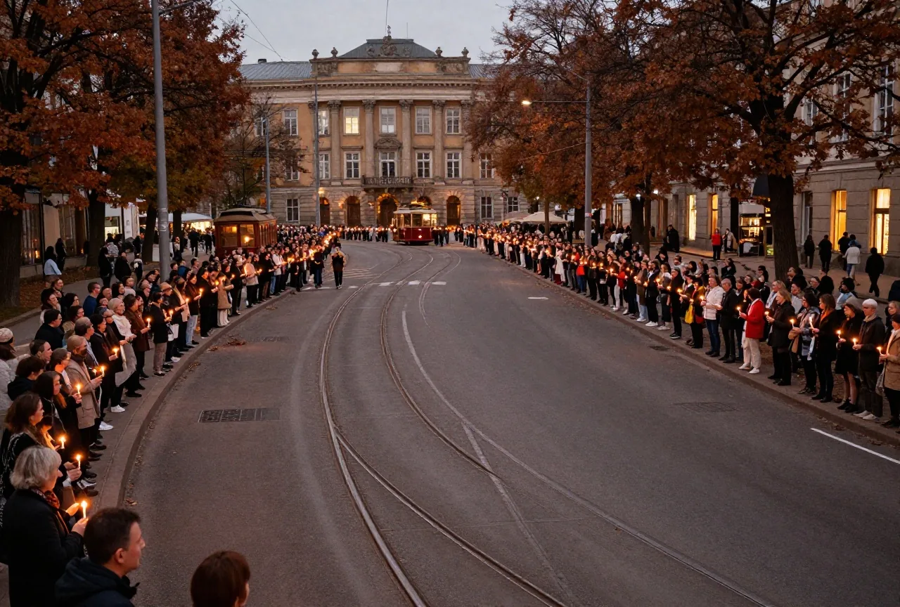 Eine große friedliche Menschenmenge mit brennenden Kerzen auf einer nächtlichen Ringstraße im Herbst