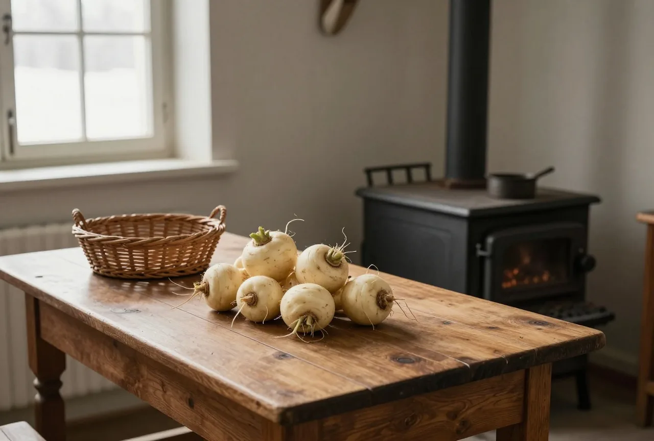 Eine schlichte Küche mit Steckrüben auf dem Holztisch und einem leeren Brotkorb im Winterlicht