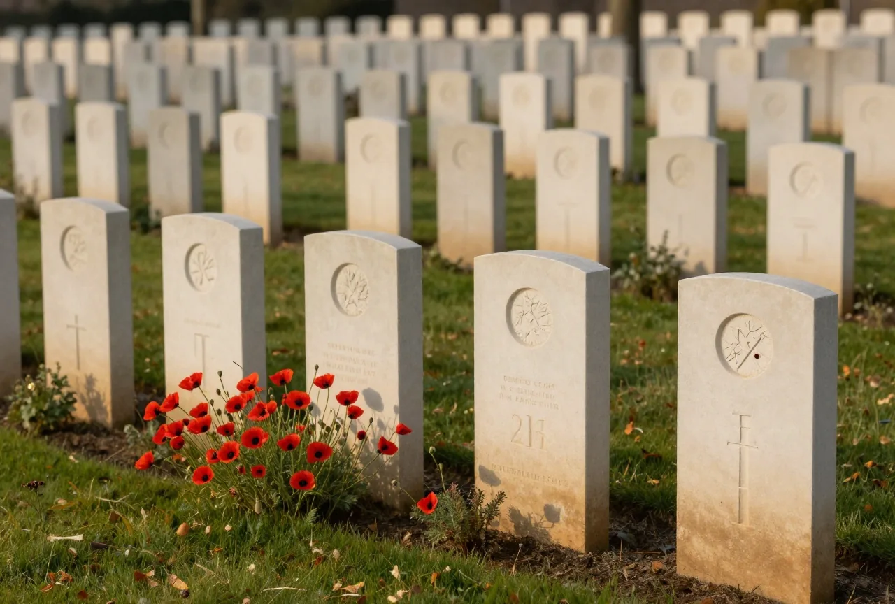 Ein Soldatenfriedhof in Flandern mit Reihen schlichter weißer Grabsteine und rotem Mohn im Abendlicht