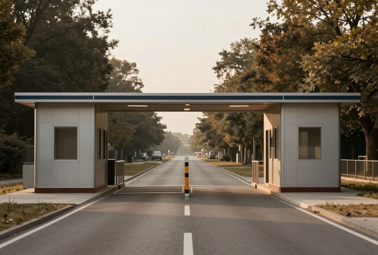 Ein offener Grenzübergang auf einer Landstraße mit einem leeren Kontrollhäuschen im Morgenlicht