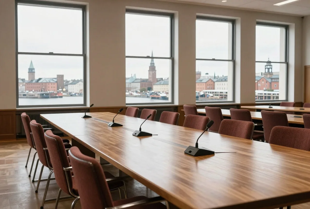 Ein langer Konferenztisch mit leeren Stühlen und Mikrofonen in einem hellen Saal mit hohen Fenstern
