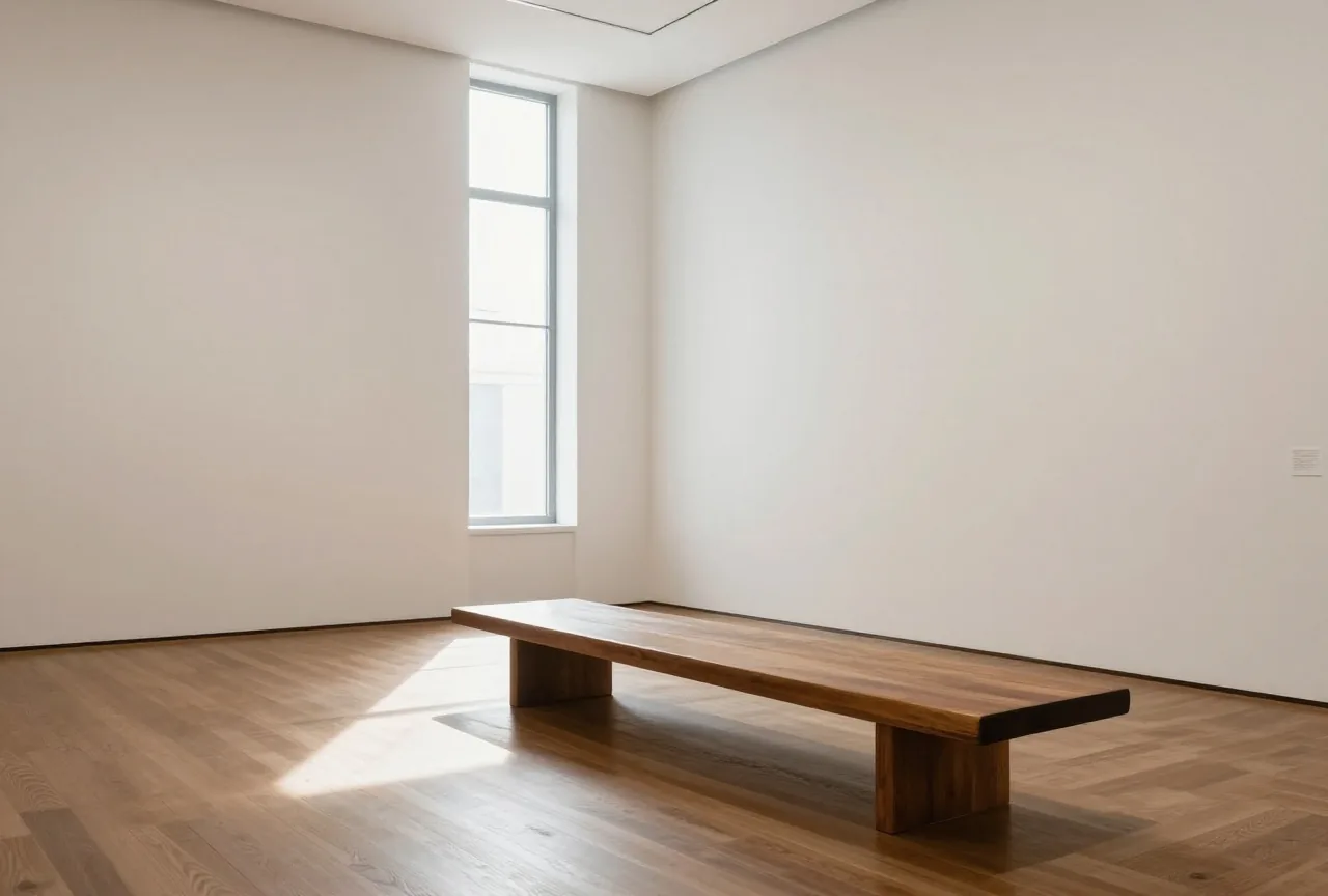 Eine stille Museumshalle mit hohen weißen Wänden und einer langen Holzbank im Tageslicht