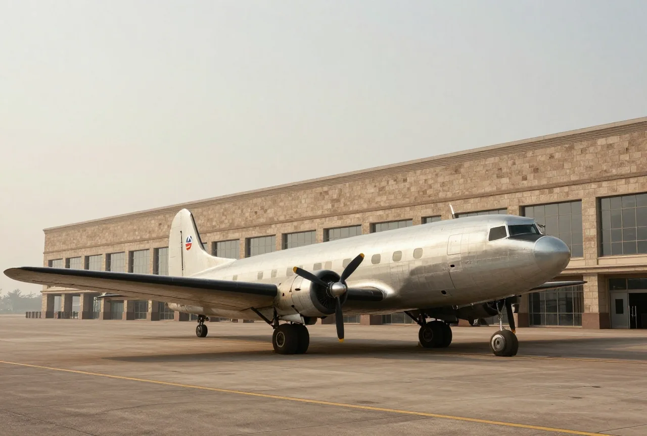 Ein altes zweimotoriges Transportflugzeug auf dem Vorfeld vor einem langen geschwungenen Flughafengebäude