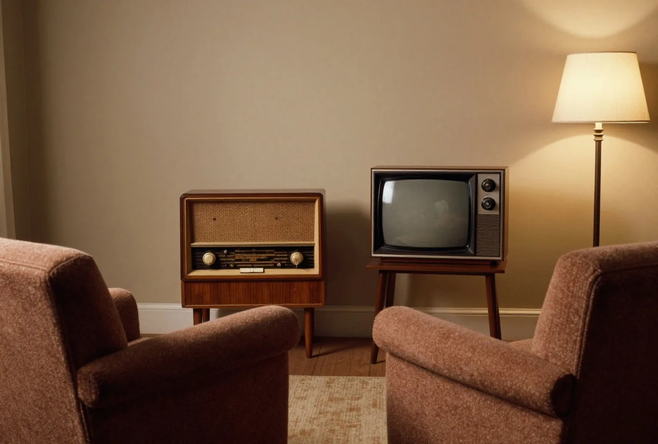 Ein Wohnzimmer der Sechzigerjahre am Abend mit Holzradio, Fernsehgerät von hinten und zwei Sesseln