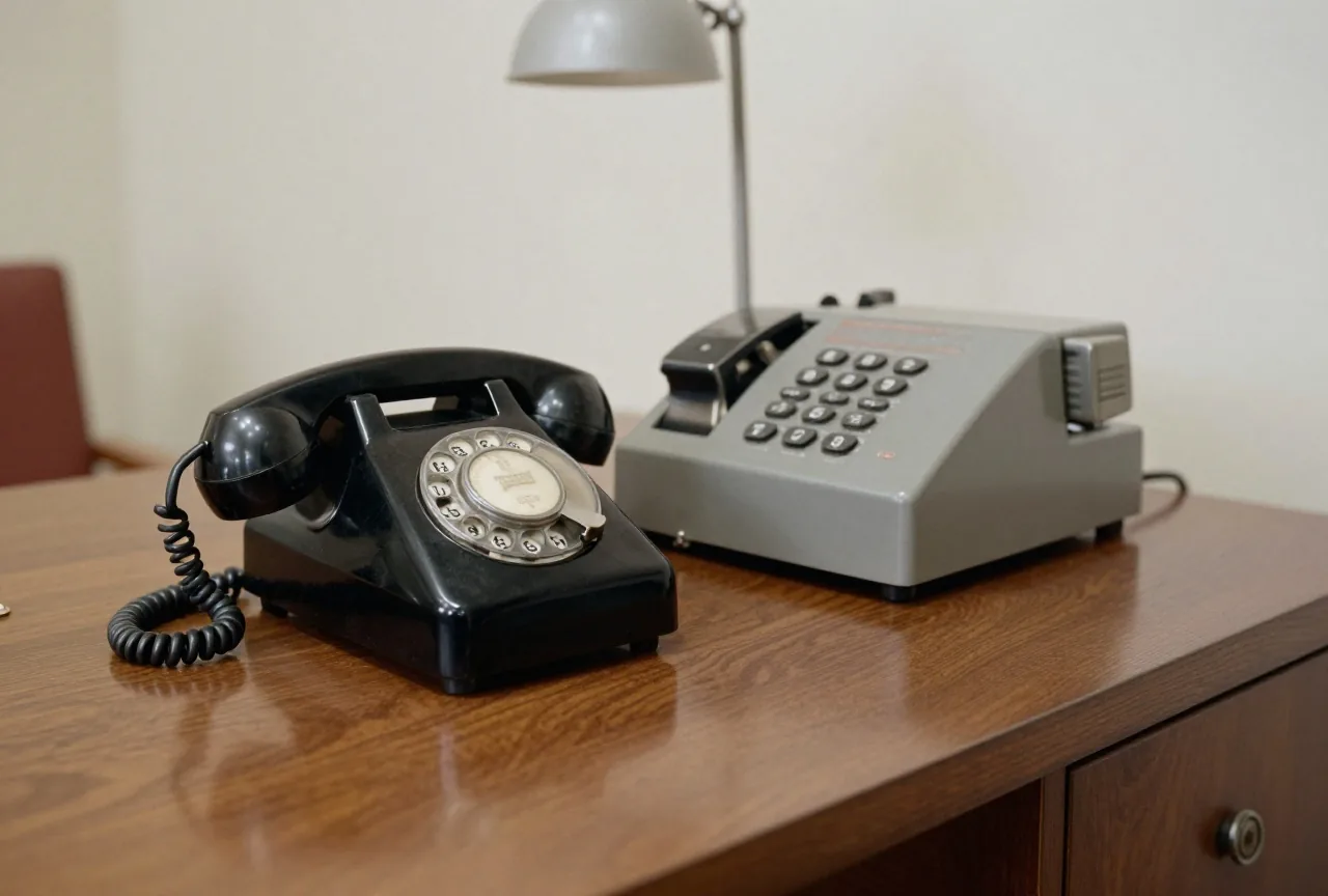 Ein schwarzes Wählscheibentelefon und ein grauer Fernschreiber auf einem Schreibtisch in einem Amtszimmer