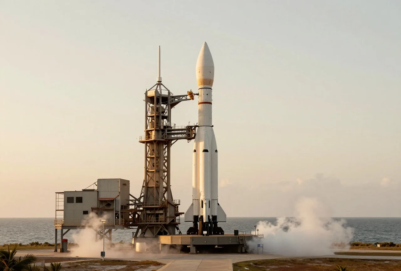 Eine hohe weiße Rakete auf der Startrampe an der Küste Floridas bei Sonnenaufgang mit Dampfwolken
