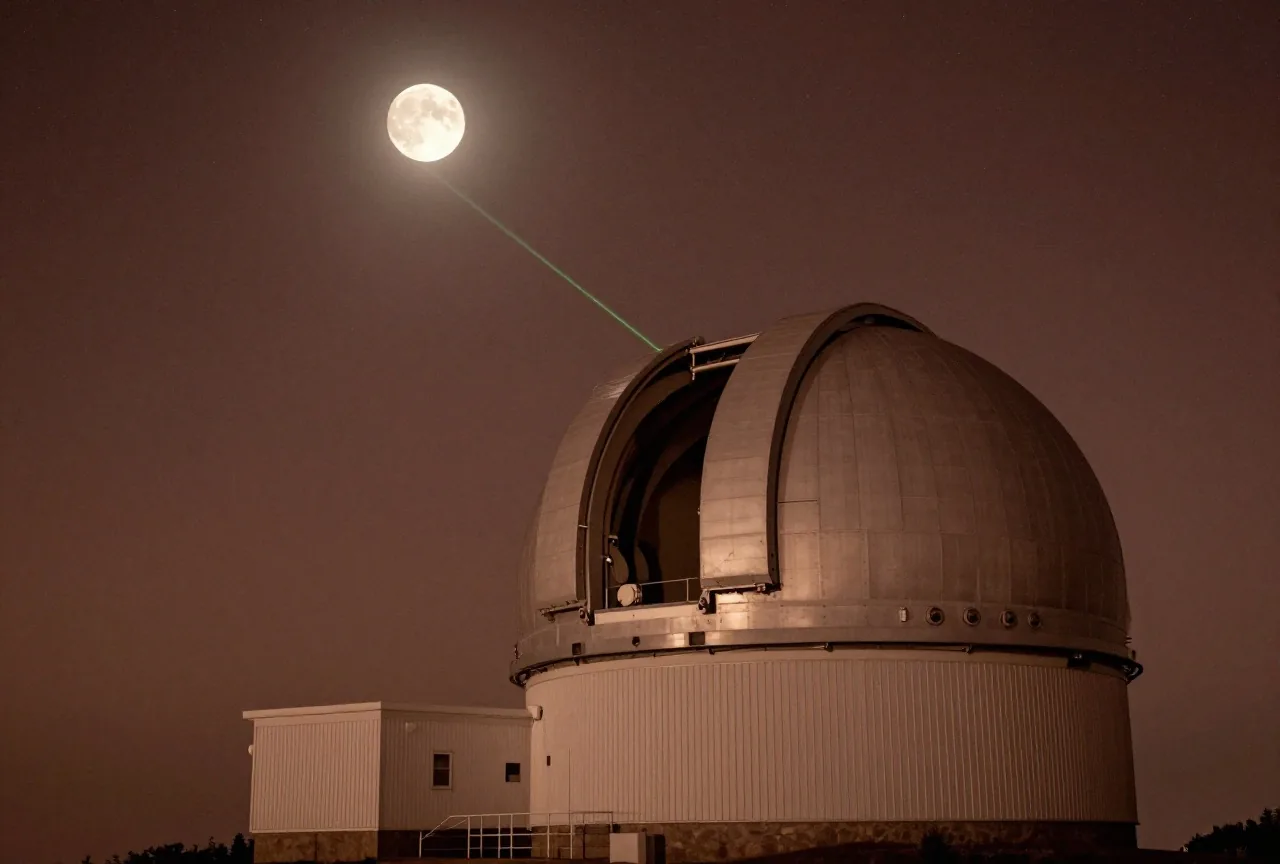 Eine Sternwarte auf einem Berg schickt nachts einen grünen Laserstrahl zum hellen Vollmond