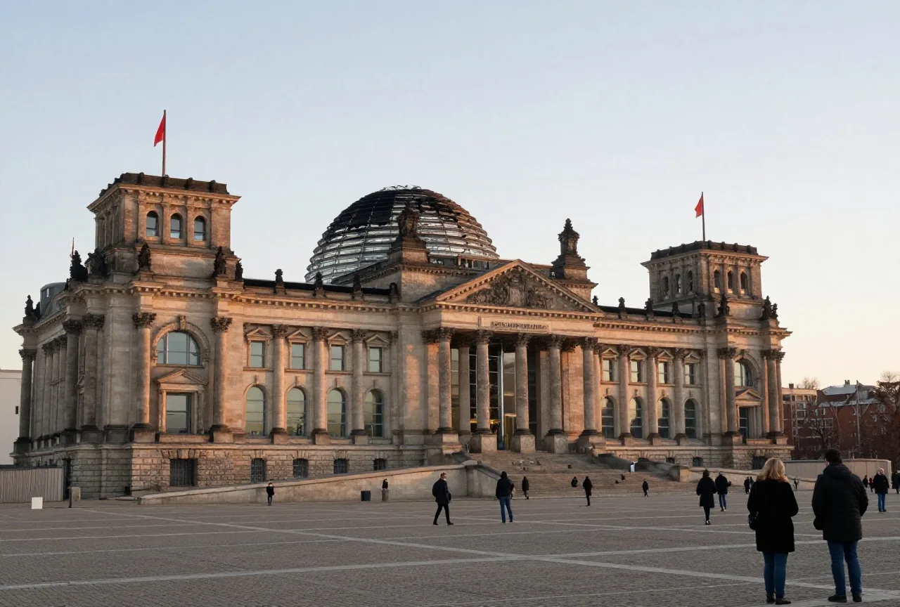 Ein großes steinernes Parlamentsgebäude in der Morgendämmerung mit ausgebrannter Glaskuppel und dünnem Rauch