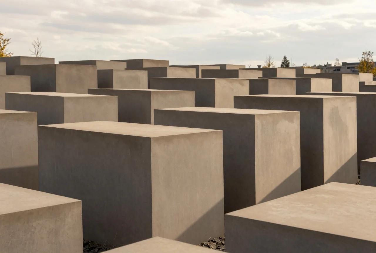 Reihen schlichter grauer Betonstelen eines Denkmalfelds in Berlin unter bedecktem Himmel