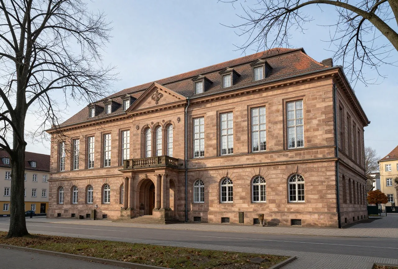Die lange Sandsteinfassade eines großen Justizgebäudes in Nürnberg an einem klaren Herbstmorgen