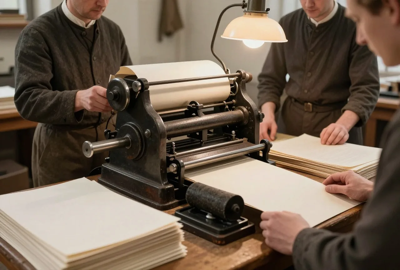 Eine kleine Druckerei um 1917 mit eiserner Handpresse, Papierstapeln und Farbwalzen im warmen Lampenlicht