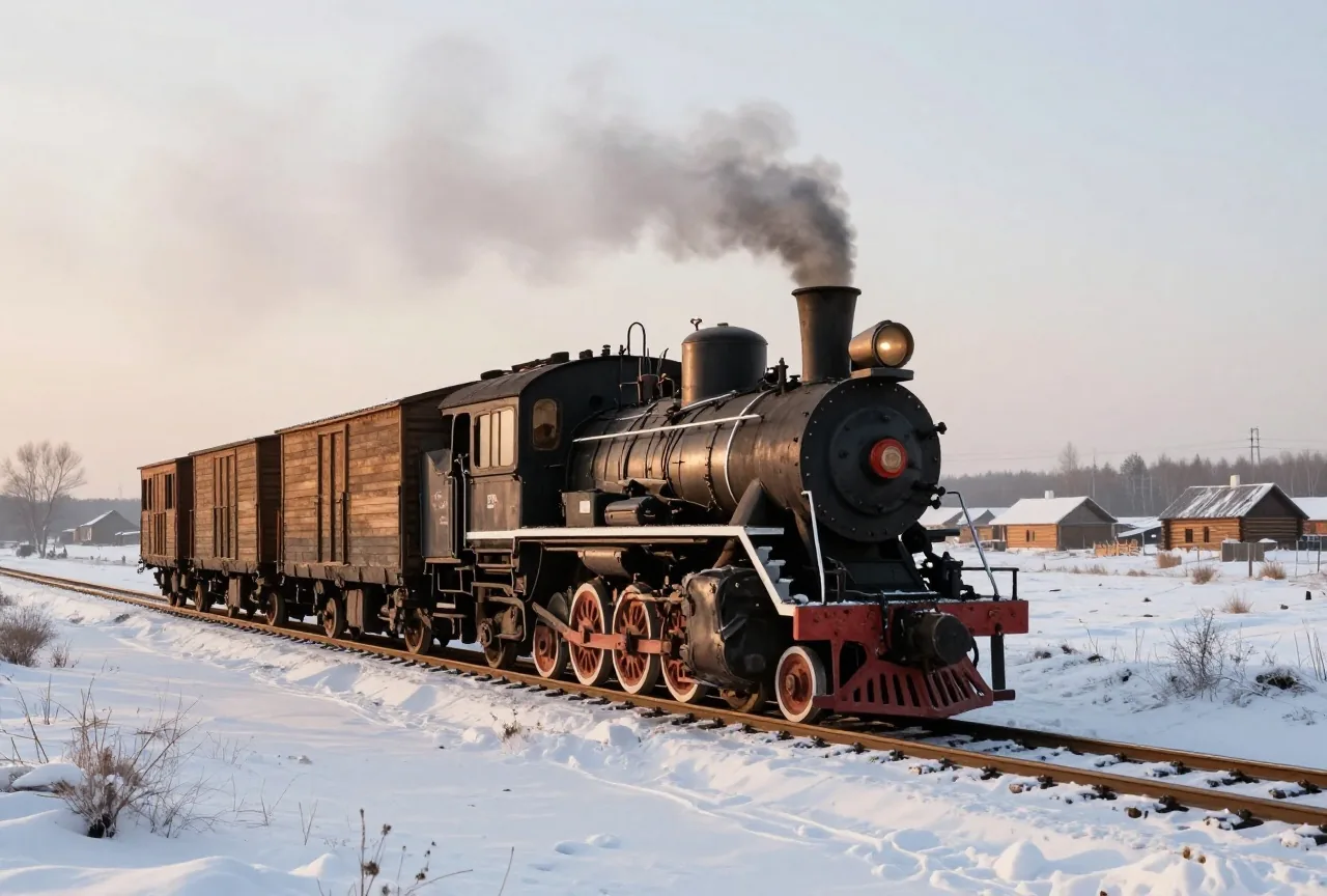 Eine alte Dampflok mit hölzernen Güterwagen auf einem Gleis in verschneiter Steppe bei Abenddämmerung