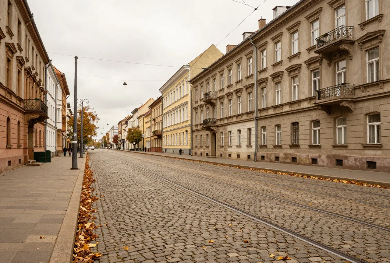 Ein leerer breiter Boulevard im Spätherbst mit Kopfsteinpflaster, Straßenbahnschienen und grauen Altbaufassaden