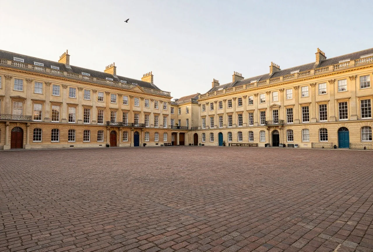 Ein leerer Altstadtplatz mit Kopfsteinpflaster und pastellfarbenen Barockhäusern im Licht eines Augustmorgens