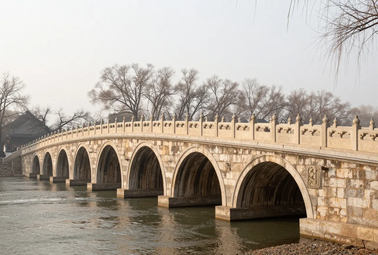 Eine lange alte Steinbogenbrücke mit verzierten Geländern über einem flachen Fluss im Morgennebel