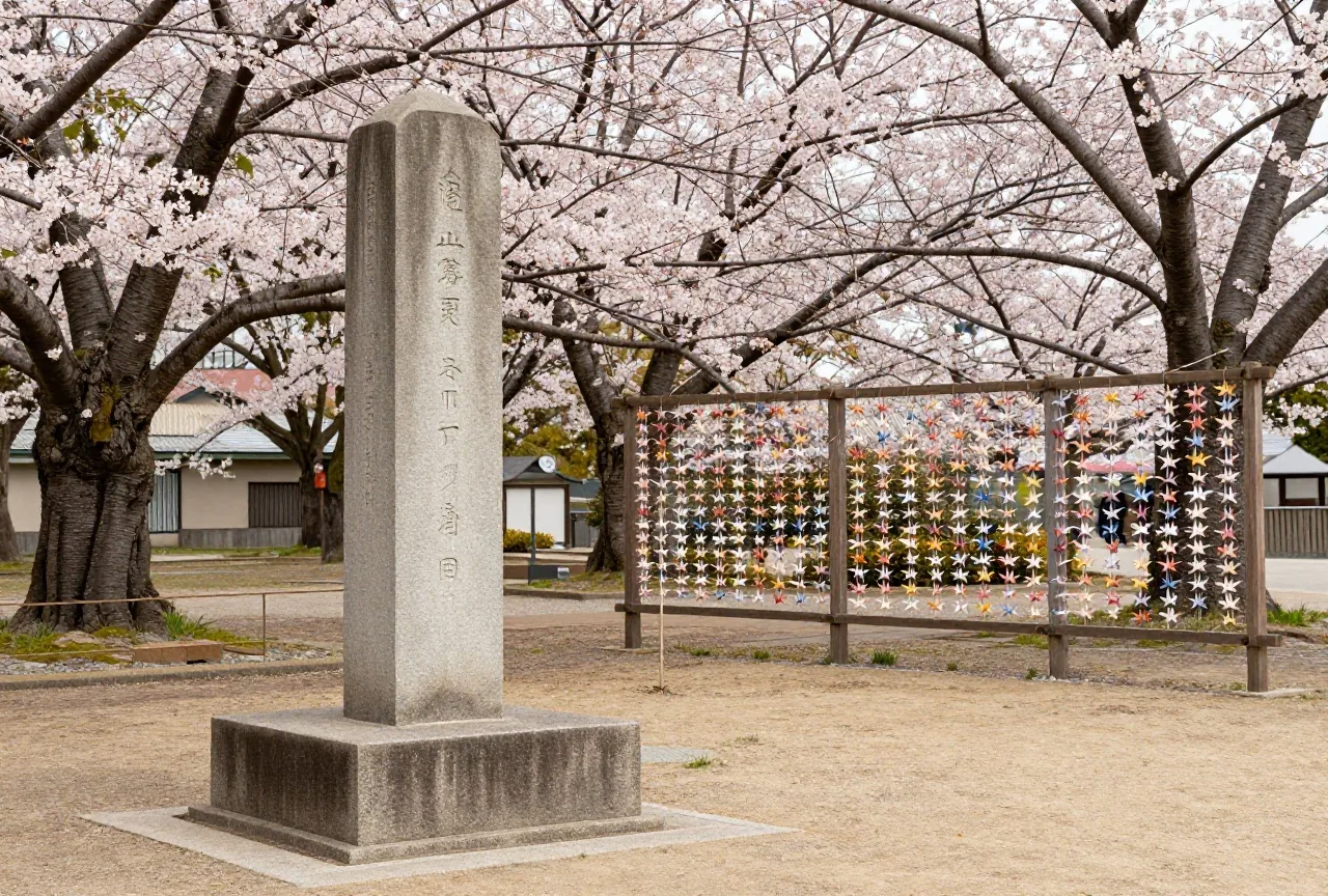 Ein stiller Gedenkpark im Frühling mit schlichtem Steinmonument, Kirschblüten und Ketten aus gefalteten Papierkranichen