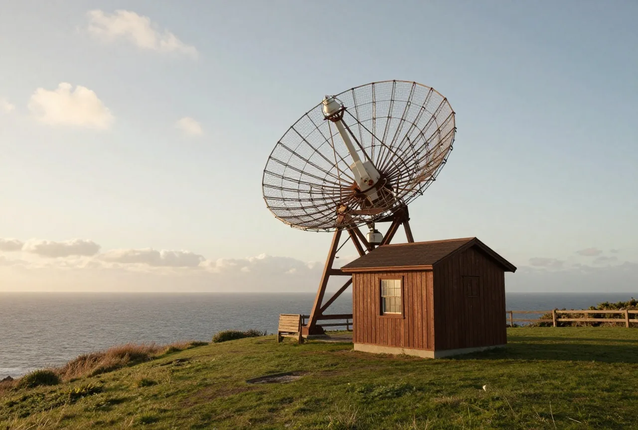 Eine kleine Radarstation aus den 1940er-Jahren mit Holzhütte und Metallantenne auf einem grünen Hügel über dem Meer