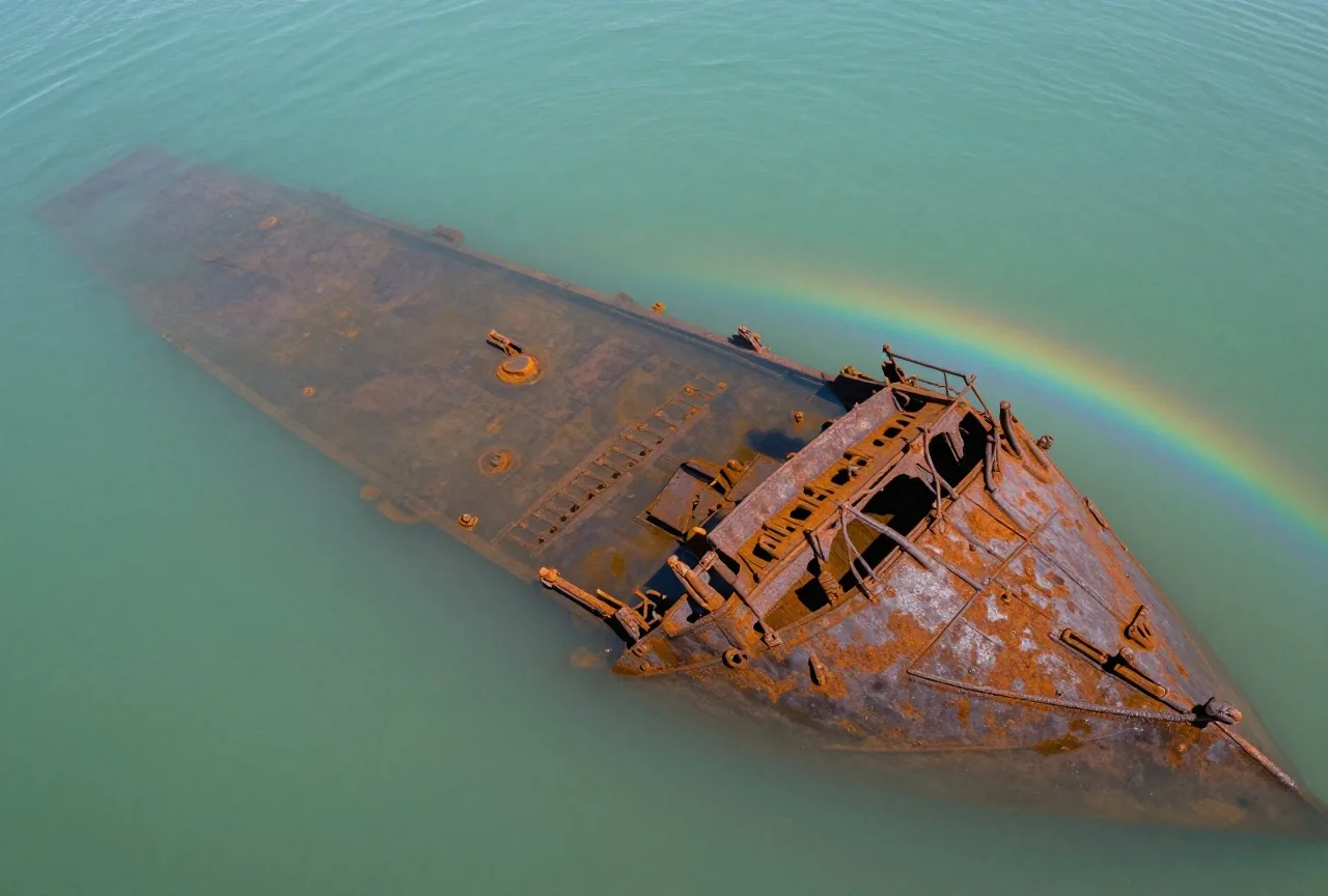 Rostbraune Umrisse eines gesunkenen Schiffsrumpfs dicht unter klarem türkisfarbenem Wasser mit schillerndem Ölfilm